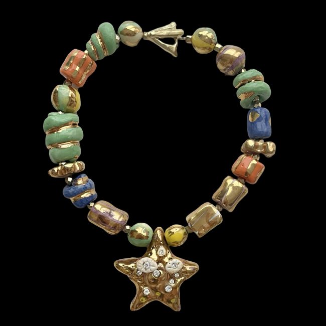 unique hand made ceramic star necklace with beads gold luster overglaze and gold plated toggle