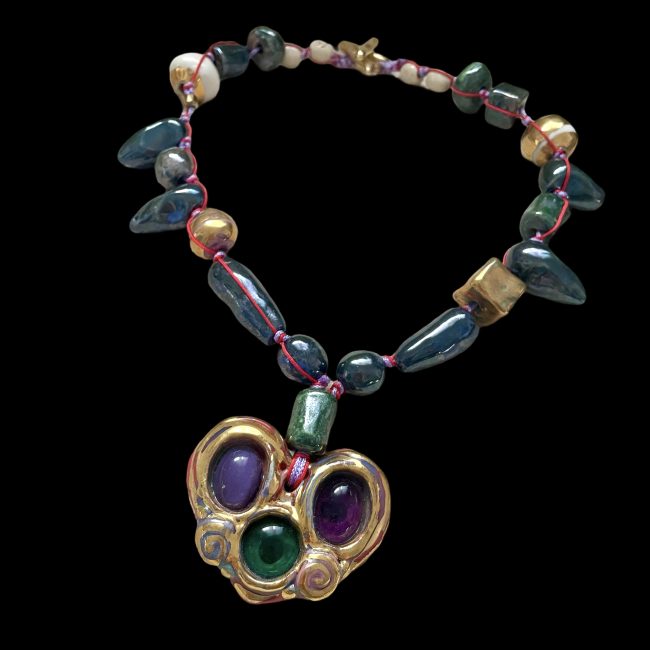 ceramic heart necklace with red and lilac and gold